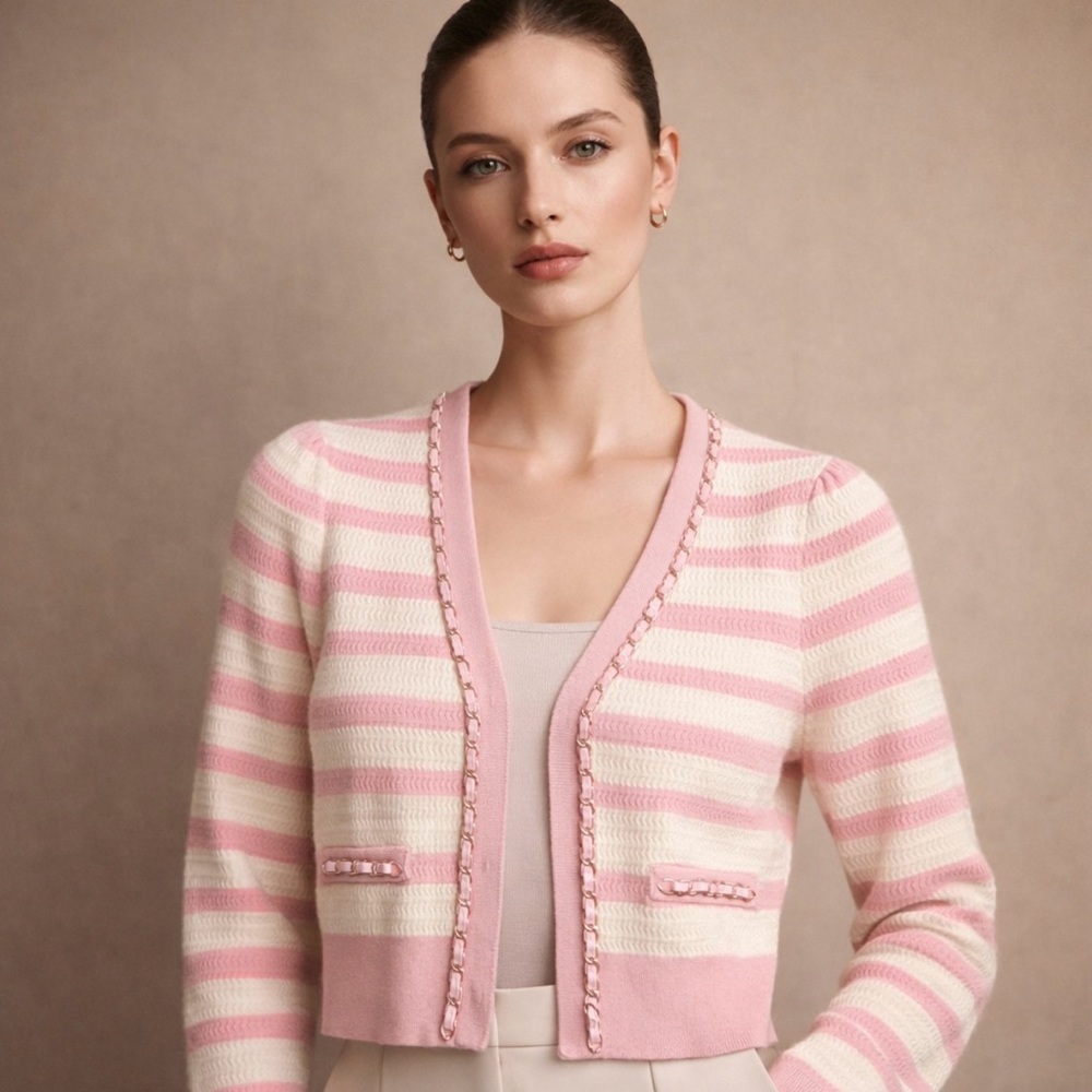 Generation Love Pink and White Ivory Striped Chain Trim Cardigan Size Medium